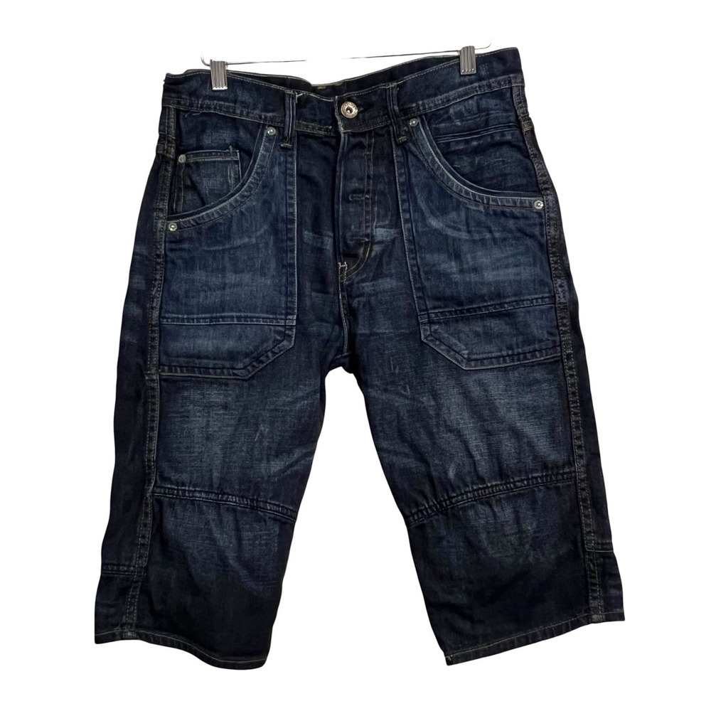 H&M Denim Dropped Crotch Shorts Mens 30 Dark Blue Utility Button Fly Grunge